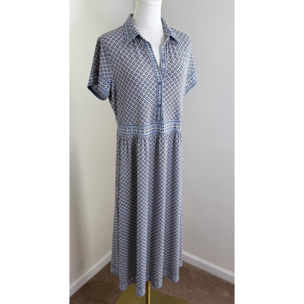 Max Studio Dress Women Large Blue Floral Midi Shirt Dress Short Sleeve Stretch